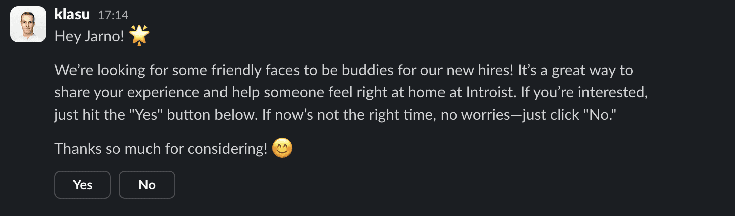 A Slack message asking a team member if they'd like to be a buddy for a new hire, with Yes and No buttons