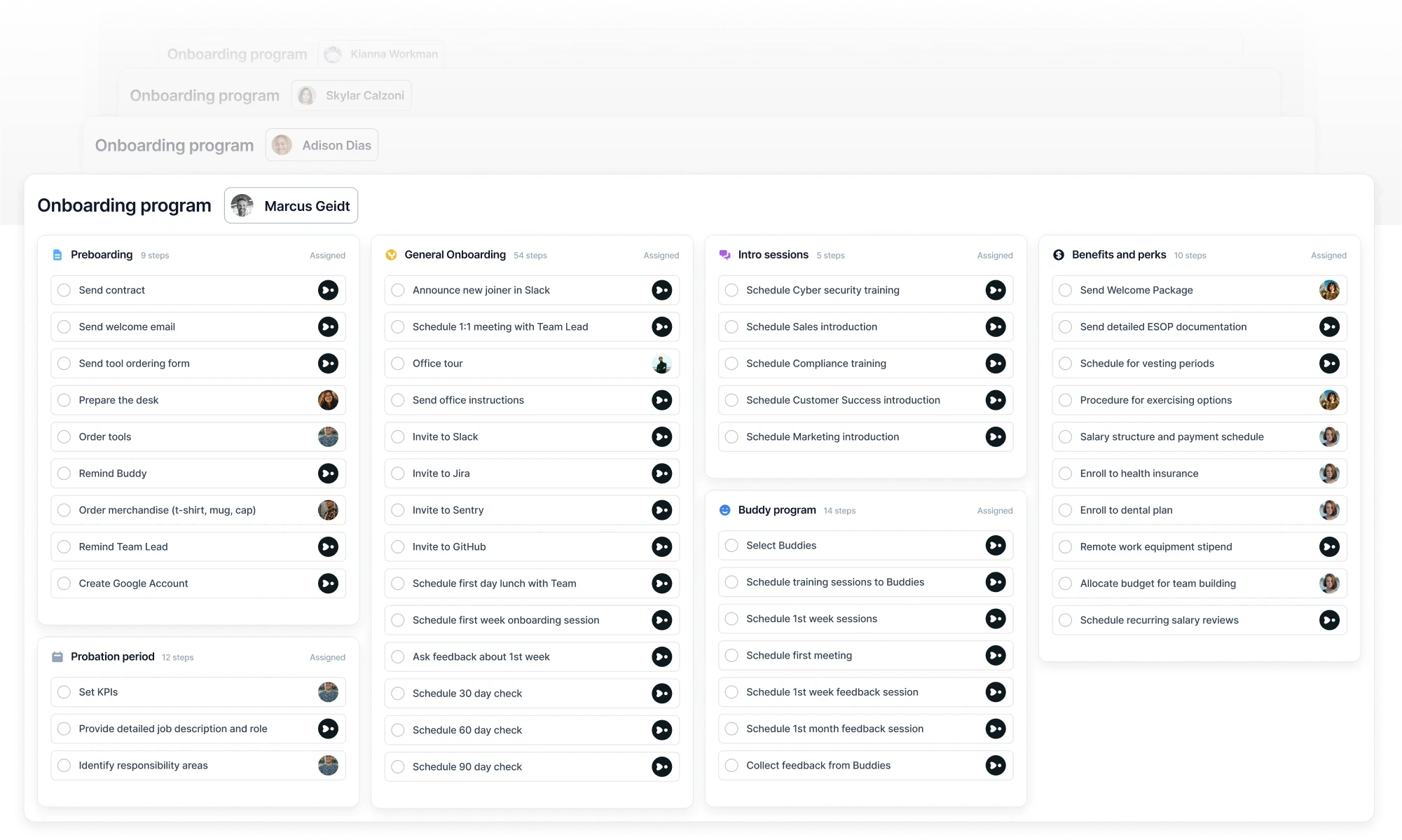 An Introist onboarding program showing Preboarding, General Onboarding, Intro sessions, Buddy program, and Benefits and perks sections