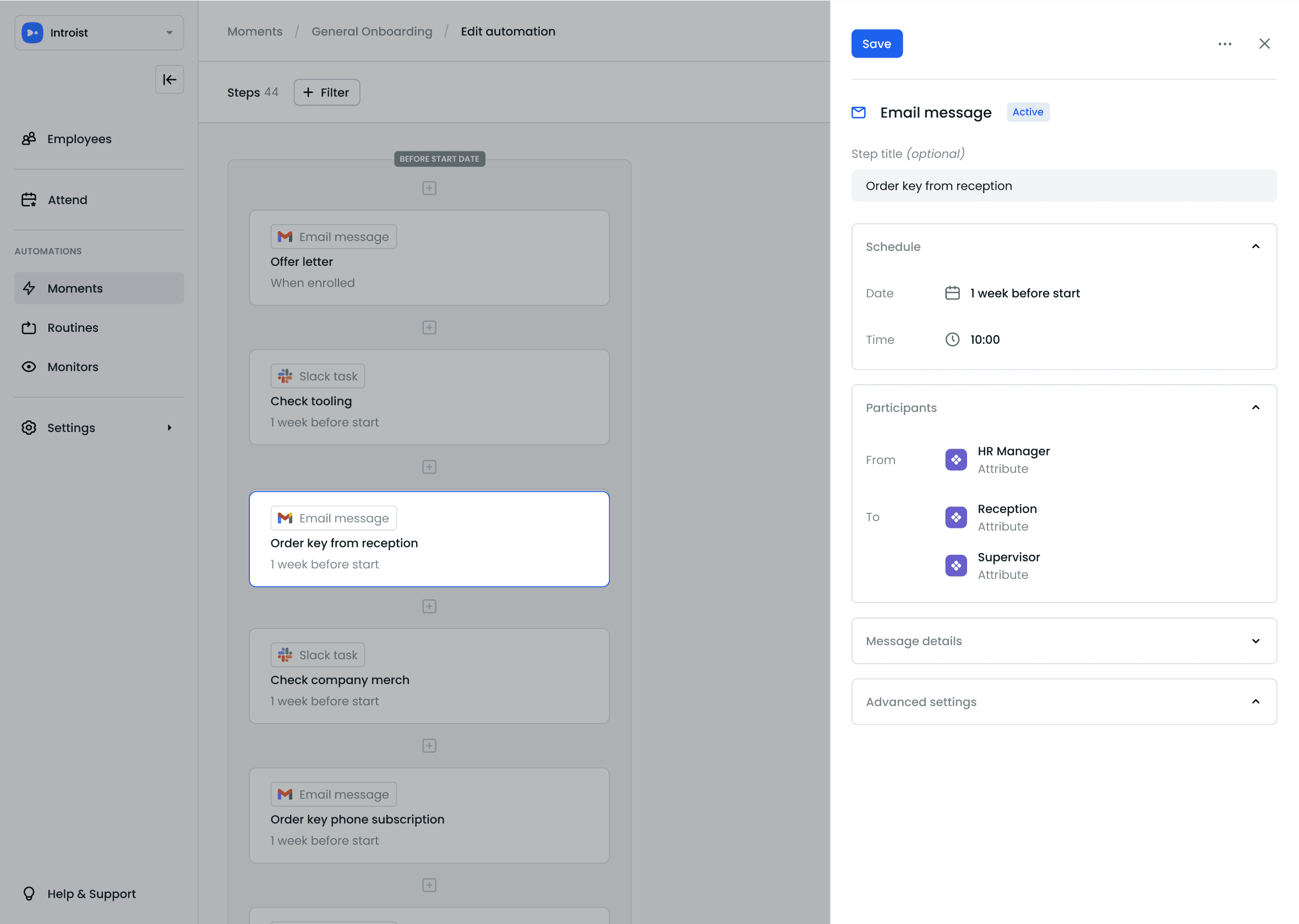 The Introist platform showing an automated email step for ordering a key card from reception, one week before a new hire's start date