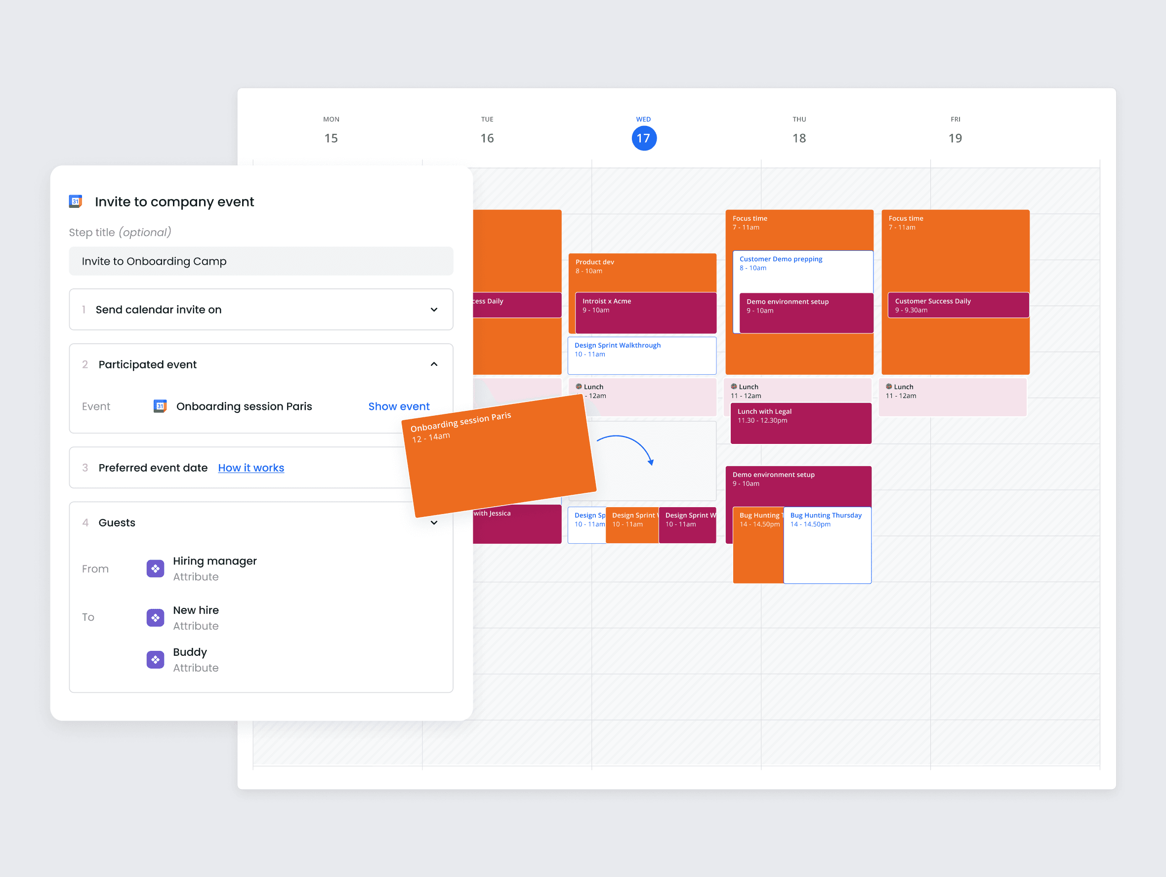 A calendar view showing an automated 'Invite to company event' scheduling step in Introist