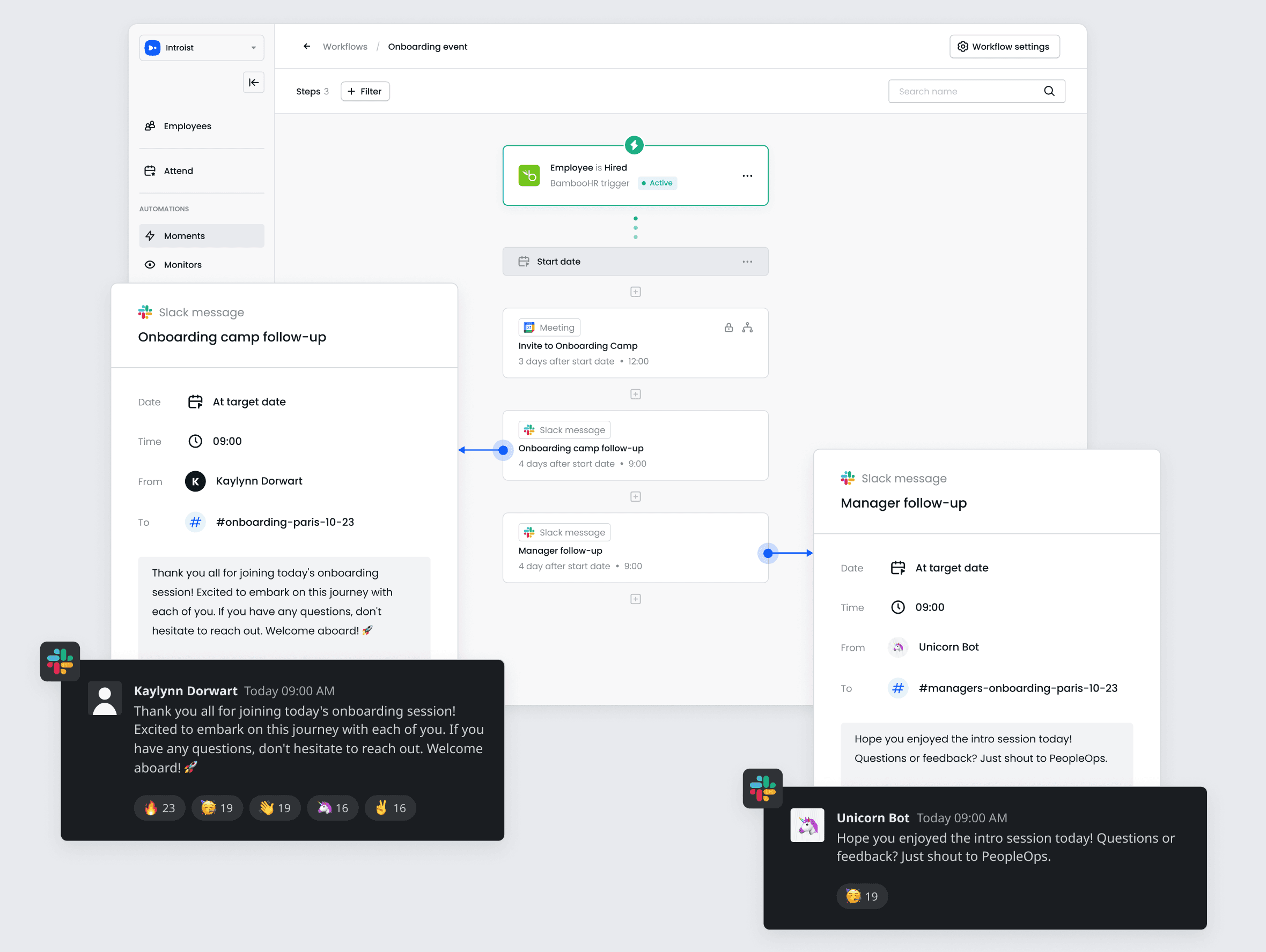 An Introist onboarding workflow automatically sending Slack messages to a new hire and their manager